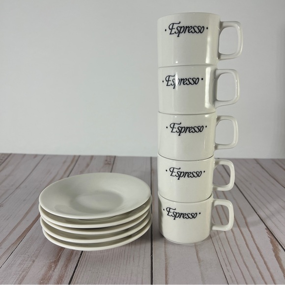 Set Of 5 Stackable Espresso Coffee Cups with Saucers The Cellar Macys Collection - Picture 1 of 4